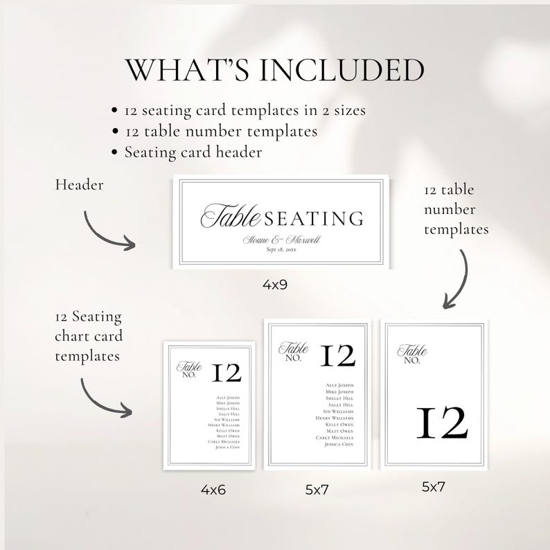 Full template set graphic showing seating cards, table numbers, and header included