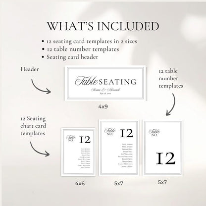 Full template set graphic showing seating cards, table numbers, and header included