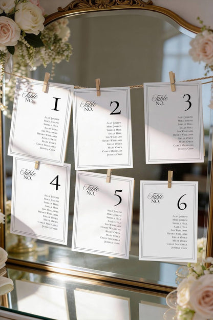 Seating chart cards clipped to twine string in front of a mirror
