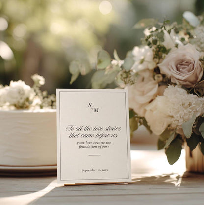 Love Stories Before Ours wedding sign styled with cake and florals on reception table