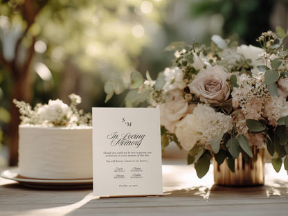 In loving memory sign styled next to a wedding cake and pink flowers