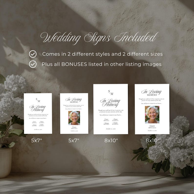 All four in loving memory sign sizes shown together, 5x7 and 8x10 with and without photo