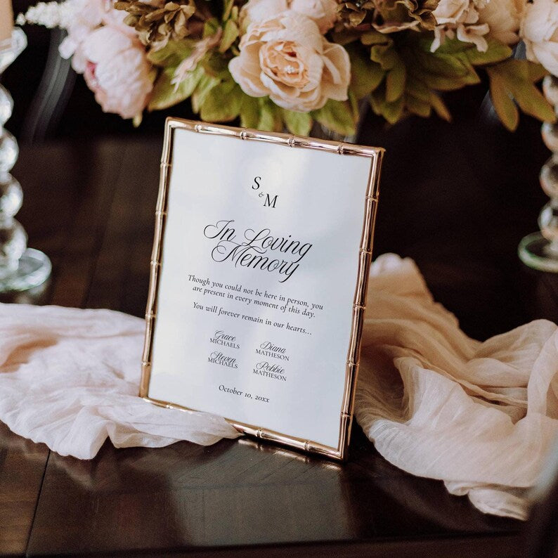 In loving memory sign displayed in a gold bamboo-style frame with monogram and poem