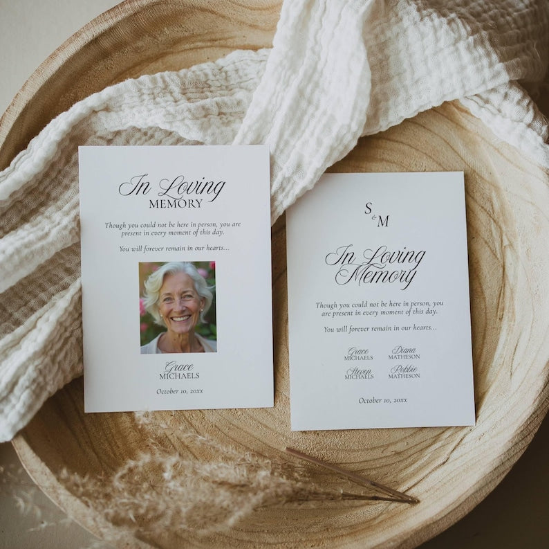 In loving memory cards including a photo card and a monogram card with a quote
