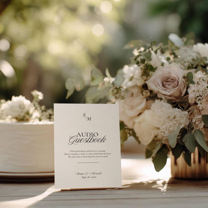 Old Money monogram audio guestbook sign styled beside a floral arrangement and wedding cake
