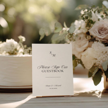 Old Money monogram wedding guestbook sign on a gold metal stand with wedding cake in the background