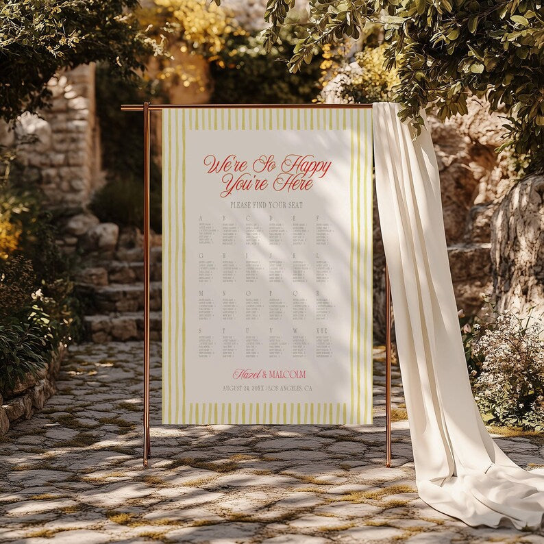 Island Citrus wedding seating chart styled on a copper stand