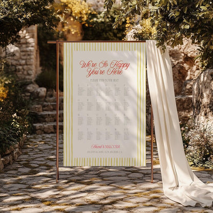 Island Citrus wedding seating chart styled on a copper stand