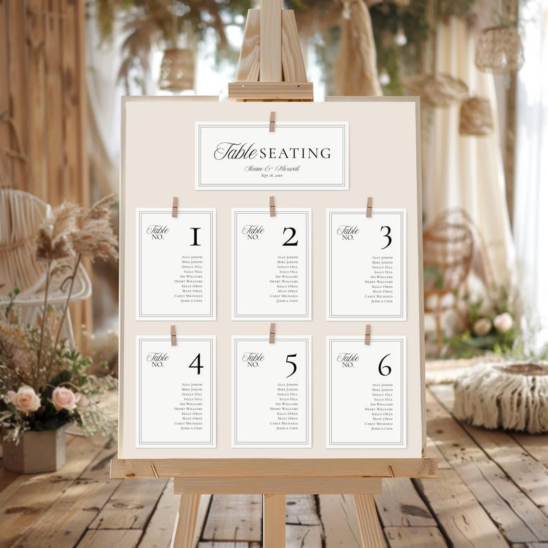 Seating chart header and cards displayed on a wooden easel with wooden clips
