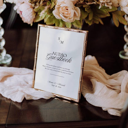 Old Money monogram audio guestbook sign displayed in a gold bamboo-style frame
