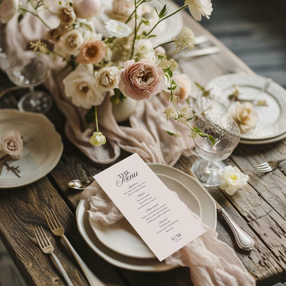 Tall wedding menu card with black text on a pale pink background, placed on a white ceramic plate, listing appetizers, starters, mains, and desserts with initials S|M