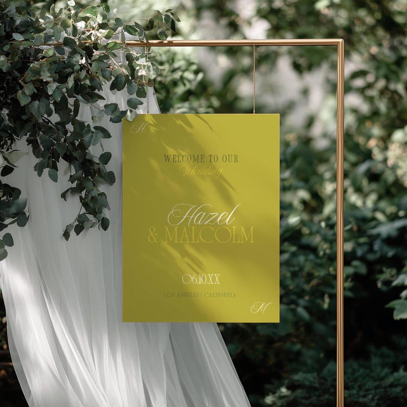 Chartreuse Island Citrus wedding welcome sign on gold frame