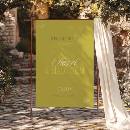 Chartreuse Island Citrus wedding welcome sign on copper frame with monogram