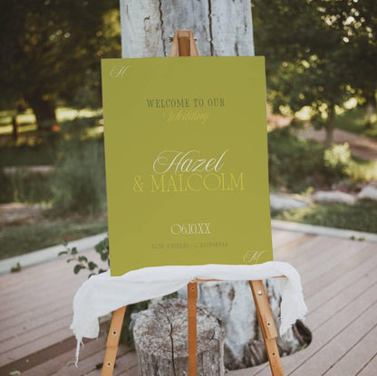 Chartreuse Island Citrus wedding welcome sign with monogram corners