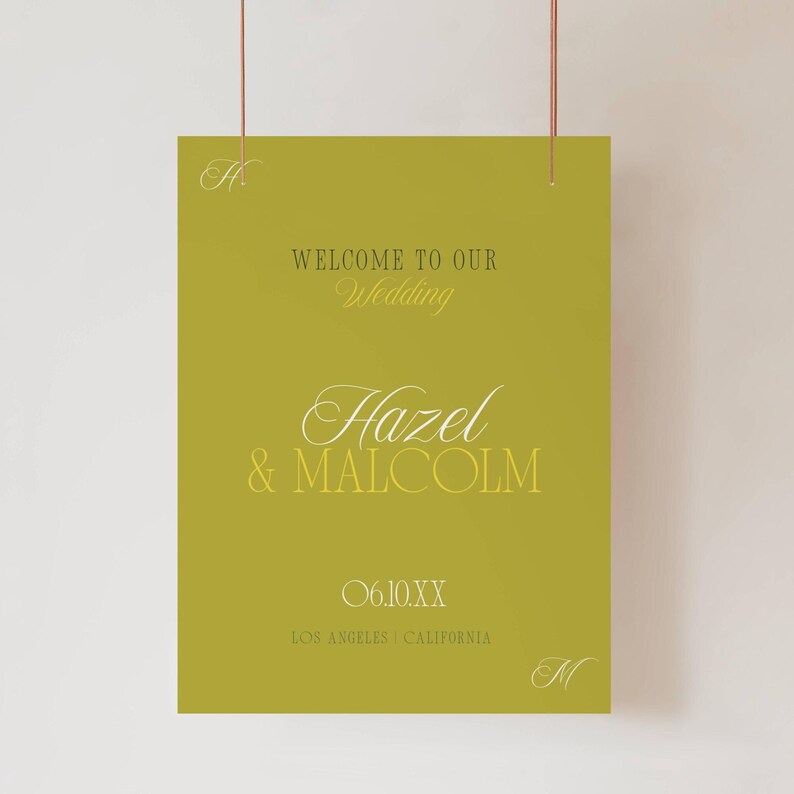 Chartreuse Island Citrus wedding welcome sign suspended by copper wires