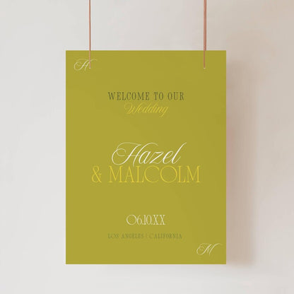 Chartreuse Island Citrus wedding welcome sign suspended by copper wires