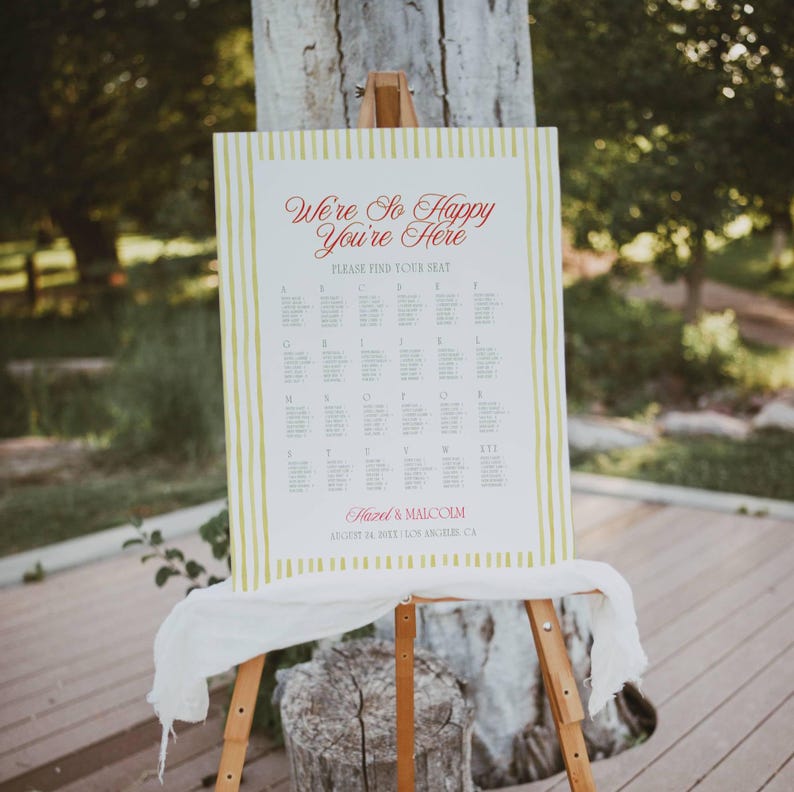 Island Citrus wedding seating chart with guest names listed alphabetically