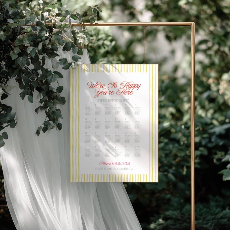 Island Citrus wedding seating chart with yellow striped borders