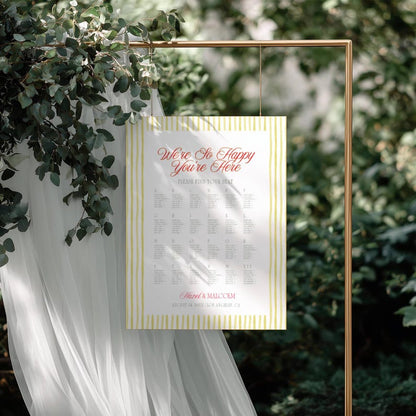 Island Citrus wedding seating chart with yellow striped borders