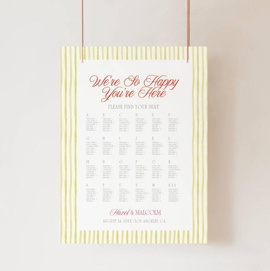 Island Citrus retro wedding seating chart with yellow stripes and alphabetical columns