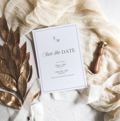 Black and white Old Money save the date template close-up detail