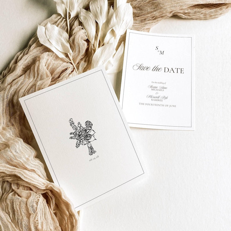 Black and white Old Money save the date card with monogram and script