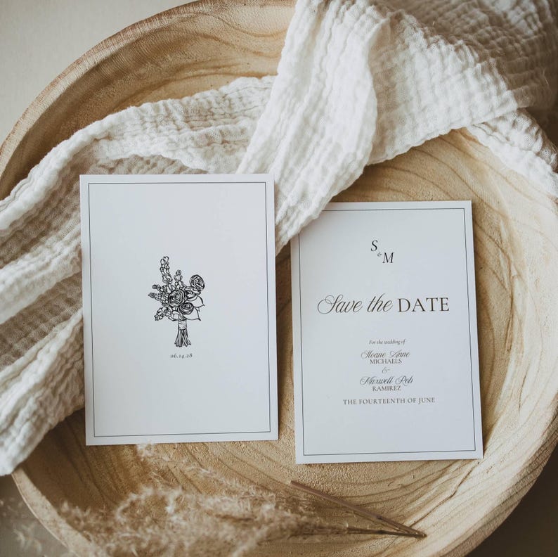 Save the date monogram card and floral line art card styled together