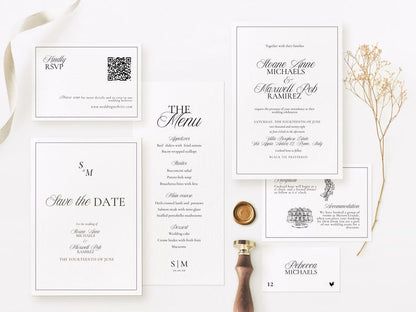 Old Money Wedding Stationery Bundle flatlay featuring the black and white monogram save the date, invitation suite, place cards, table numbers, and menu with elegant serif typography