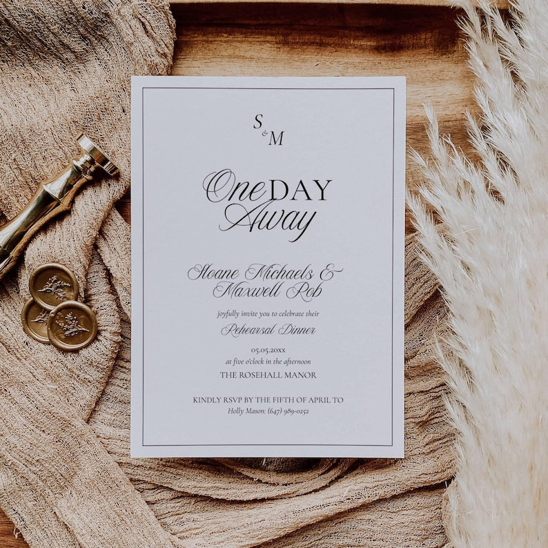 Black and white Old Money rehearsal invitation styled with monogram and script