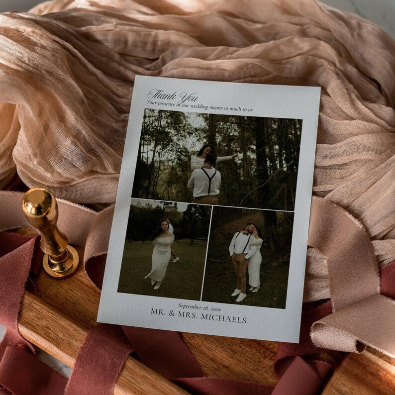 Wedding photo thank you card mockup showing customizable names, date, and photo areas