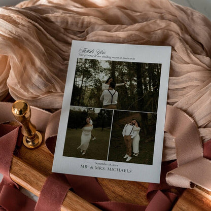 Wedding photo thank you card mockup showing customizable names, date, and photo areas