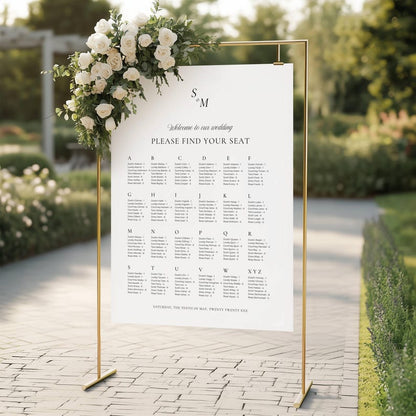Minimalist black and white alphabetical seating chart template shown flat on a cream easel display