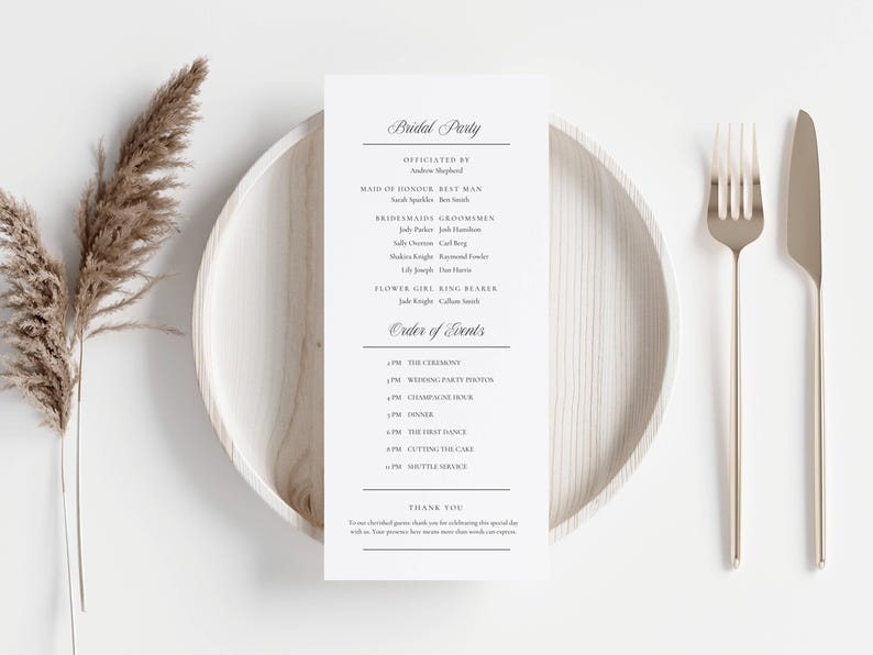 Order of service wedding program flat lay beside place setting details