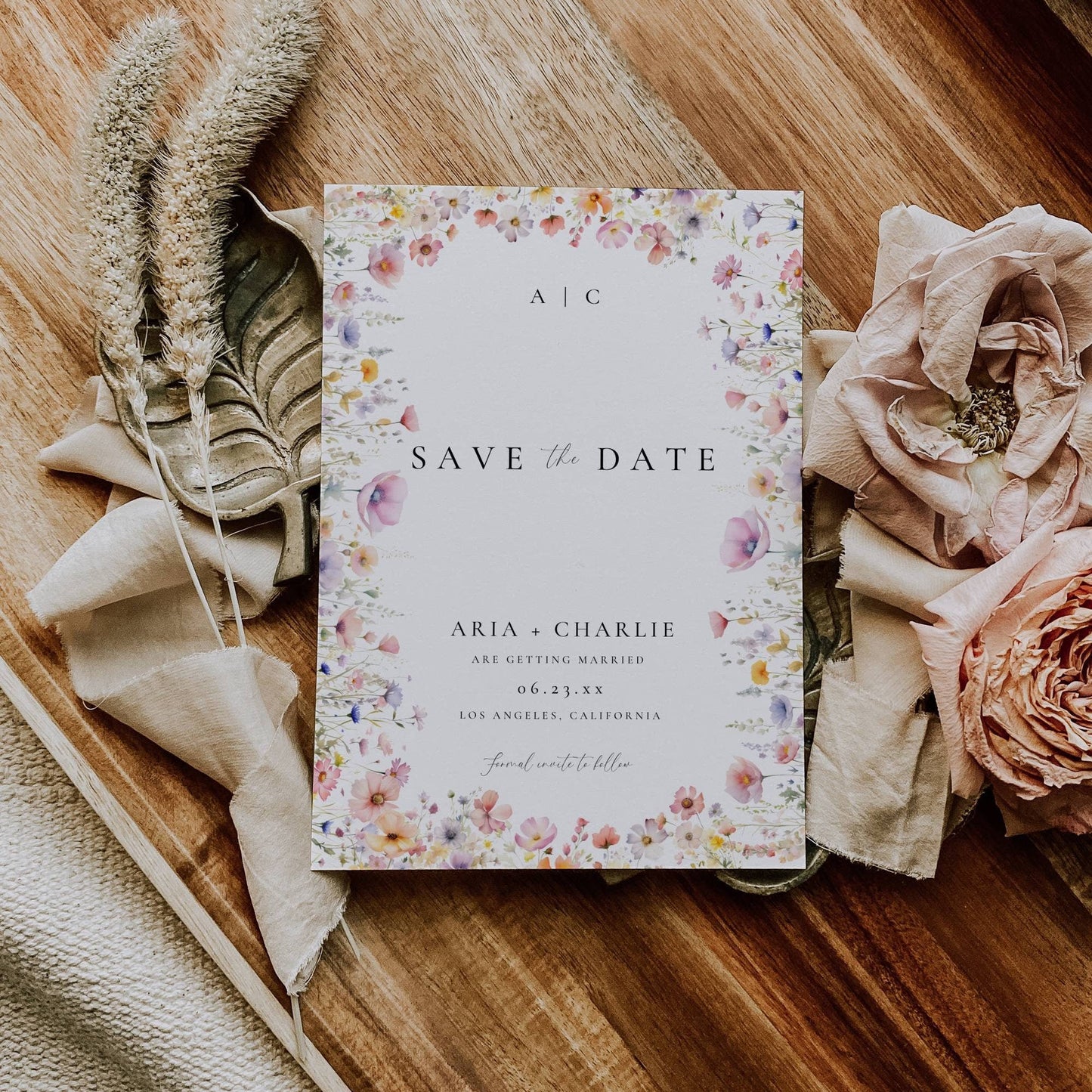 Wildflower Photo Wedding Save The Date Card Template 5x7" - Aria