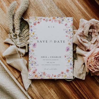 Wildflower Photo Wedding Save The Date Card Template 5x7" - Aria