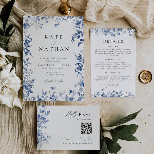 French Blue Toile Wedding Invitation Suite Template - Kate