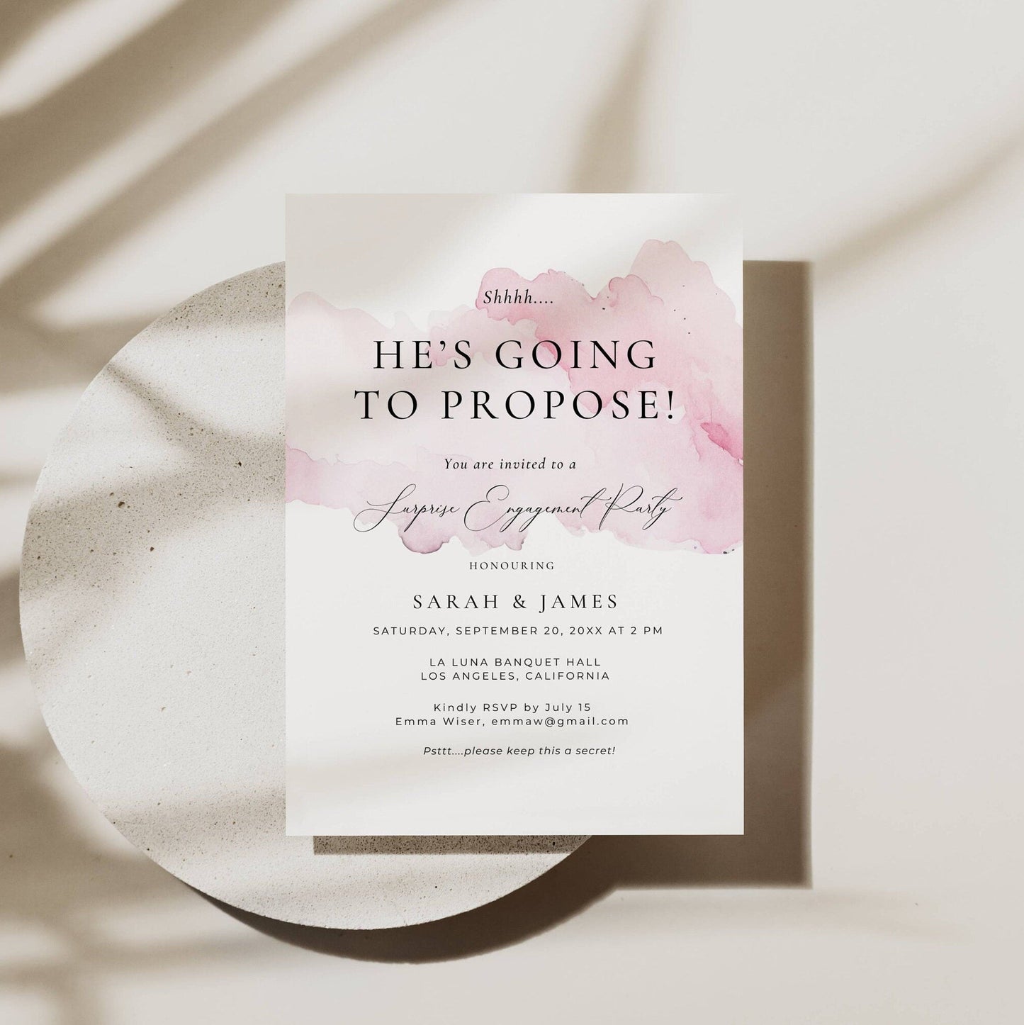 Blush Pink Surprise Engagement Invitation Template - Sarah