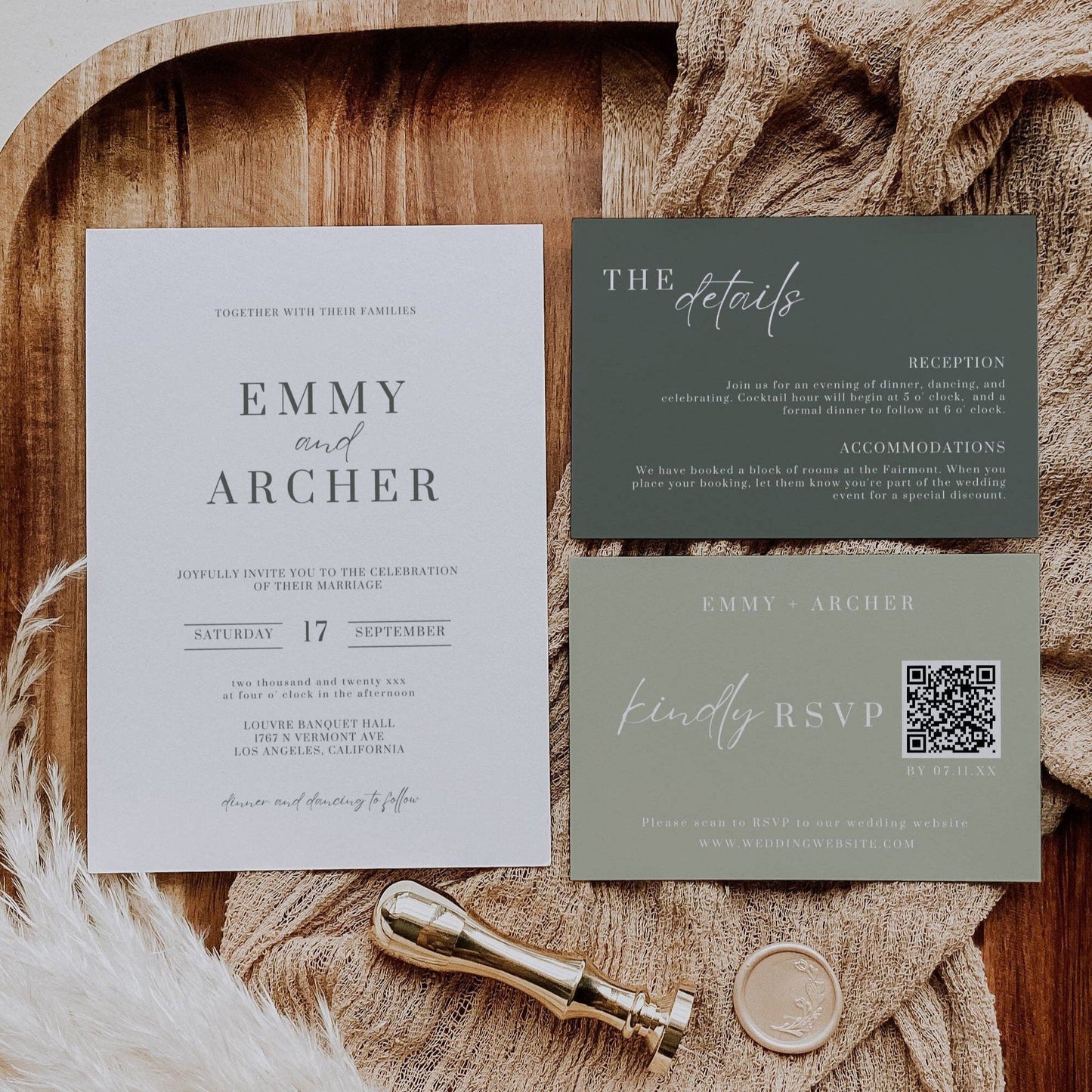 Sage Green Wedding Invitation Suite Template -Emmy