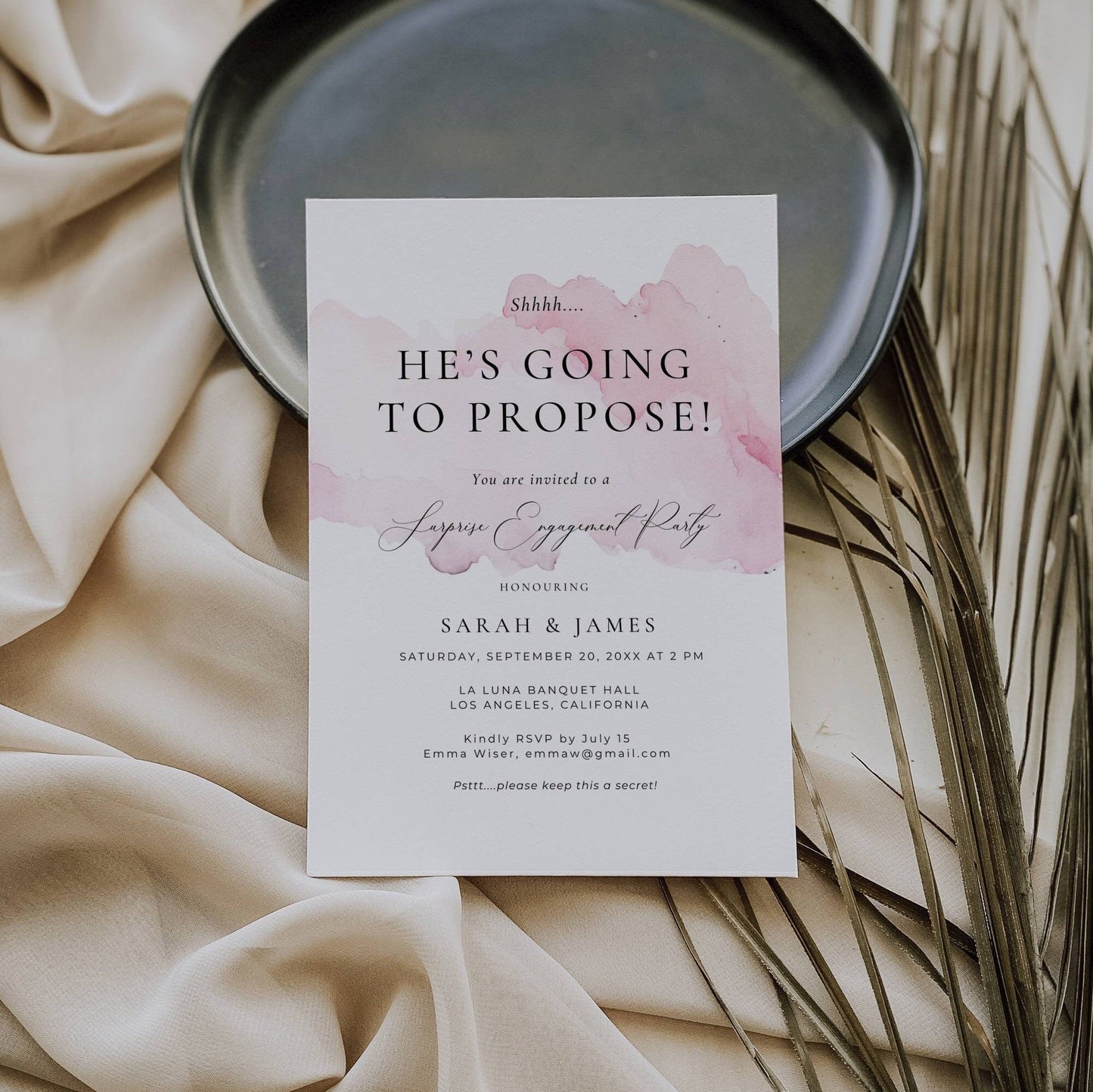 Blush Pink Surprise Engagement Invitation Template - Sarah