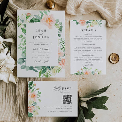 Floral Roses Wedding Invitation Suite Template -Leah