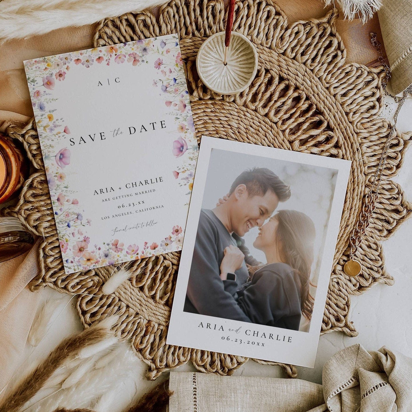 Wildflower Photo Wedding Save The Date Card Template 5x7" - Aria