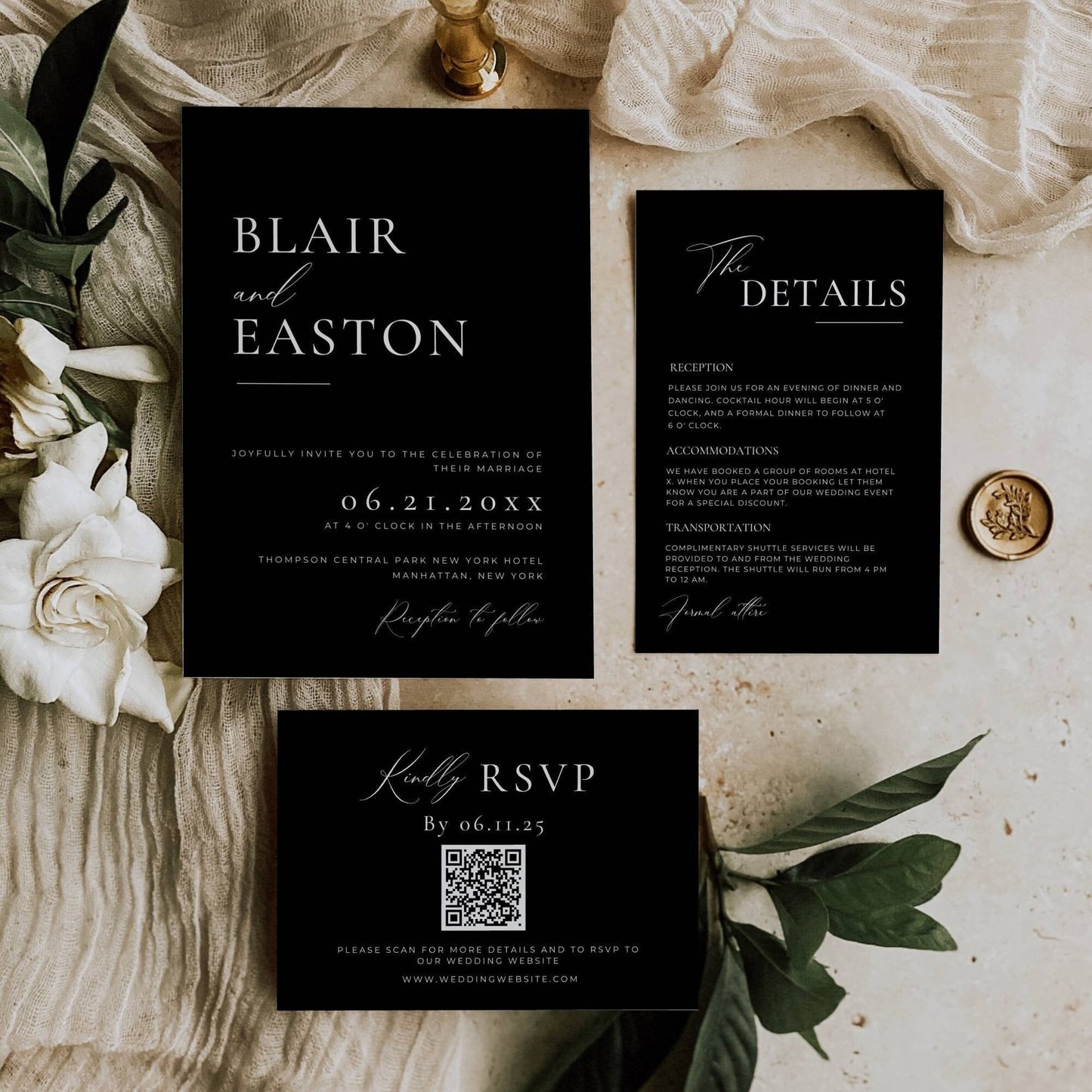 Black Wedding Invitation Suite Template