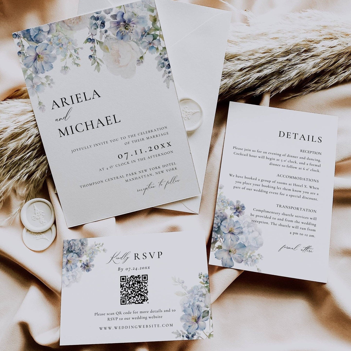 Blue Floral Wedding Invitation Suite Template