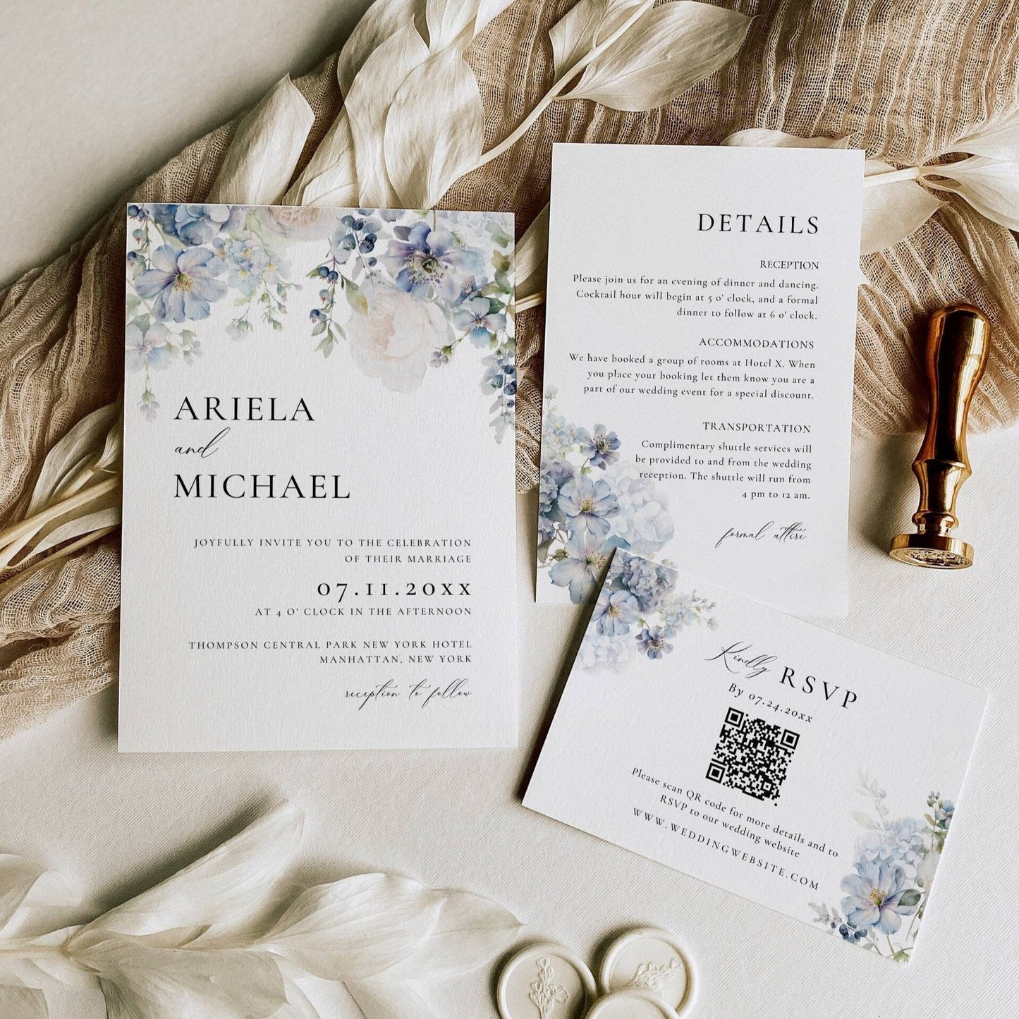 Blue Floral Wedding Invitation Suite Template