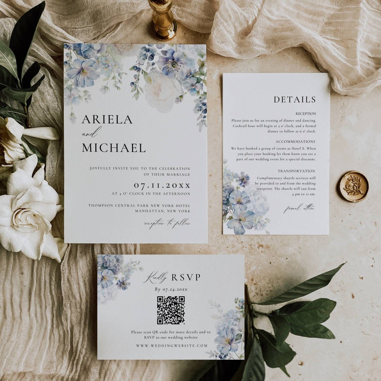 Blue Floral Wedding Invitation Suite Template