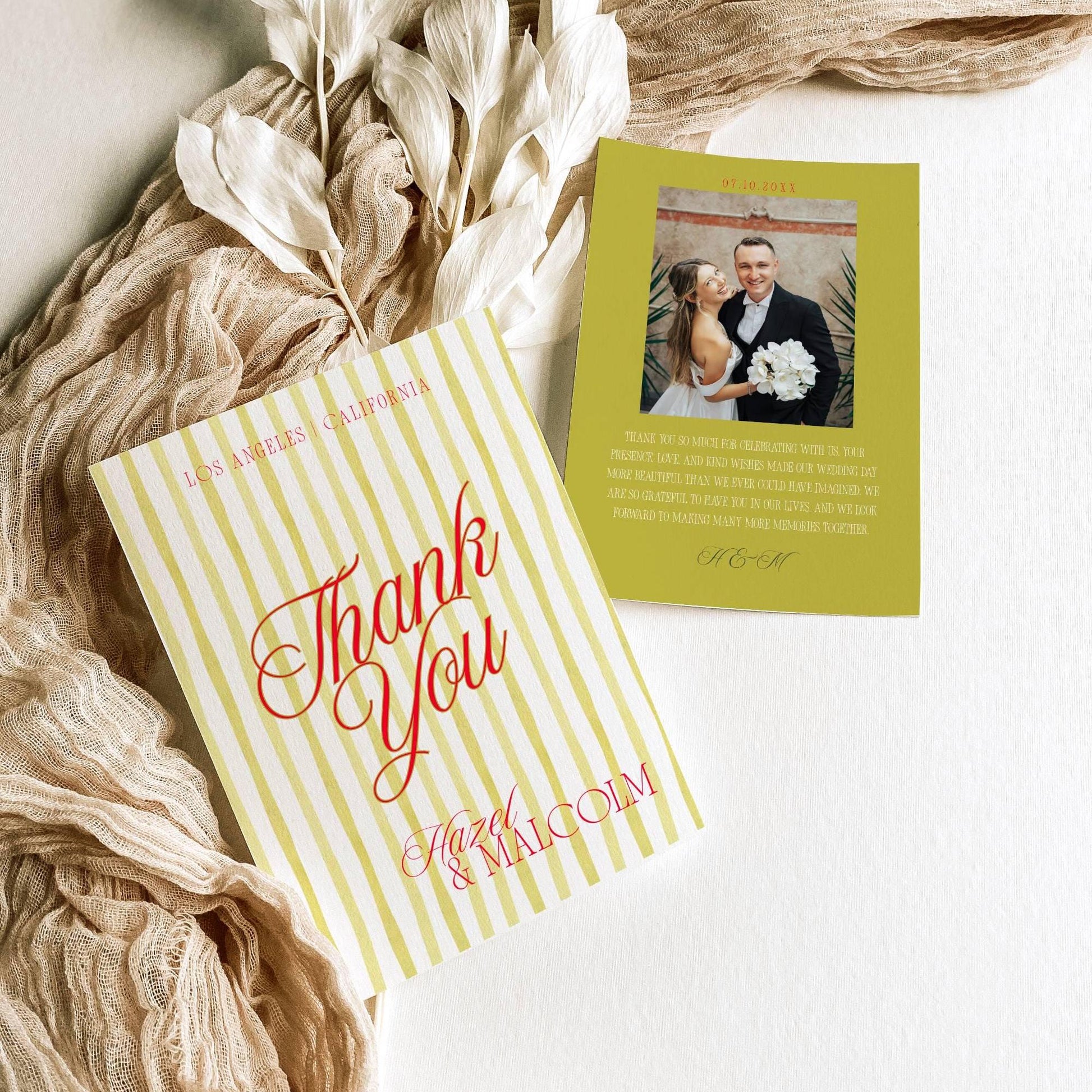 Thank you card with yellow vertical stripes, red script Thank You text, and a photo thank you card beside it