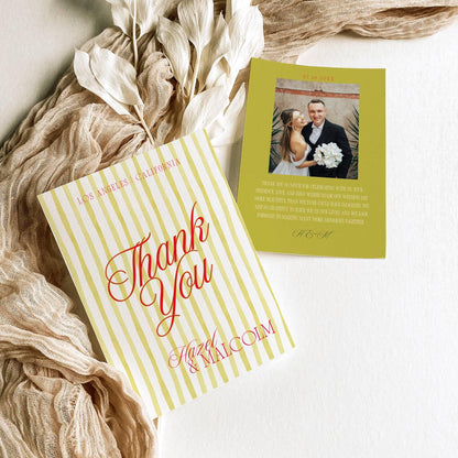 Thank you card with yellow vertical stripes, red script Thank You text, and a photo thank you card beside it