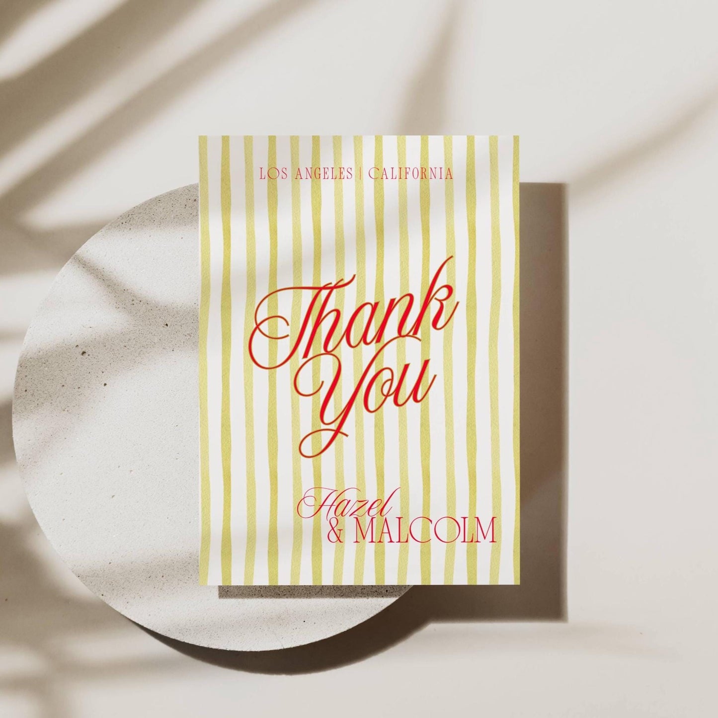 Thank you card with yellow vertical stripes and red script Thank You text