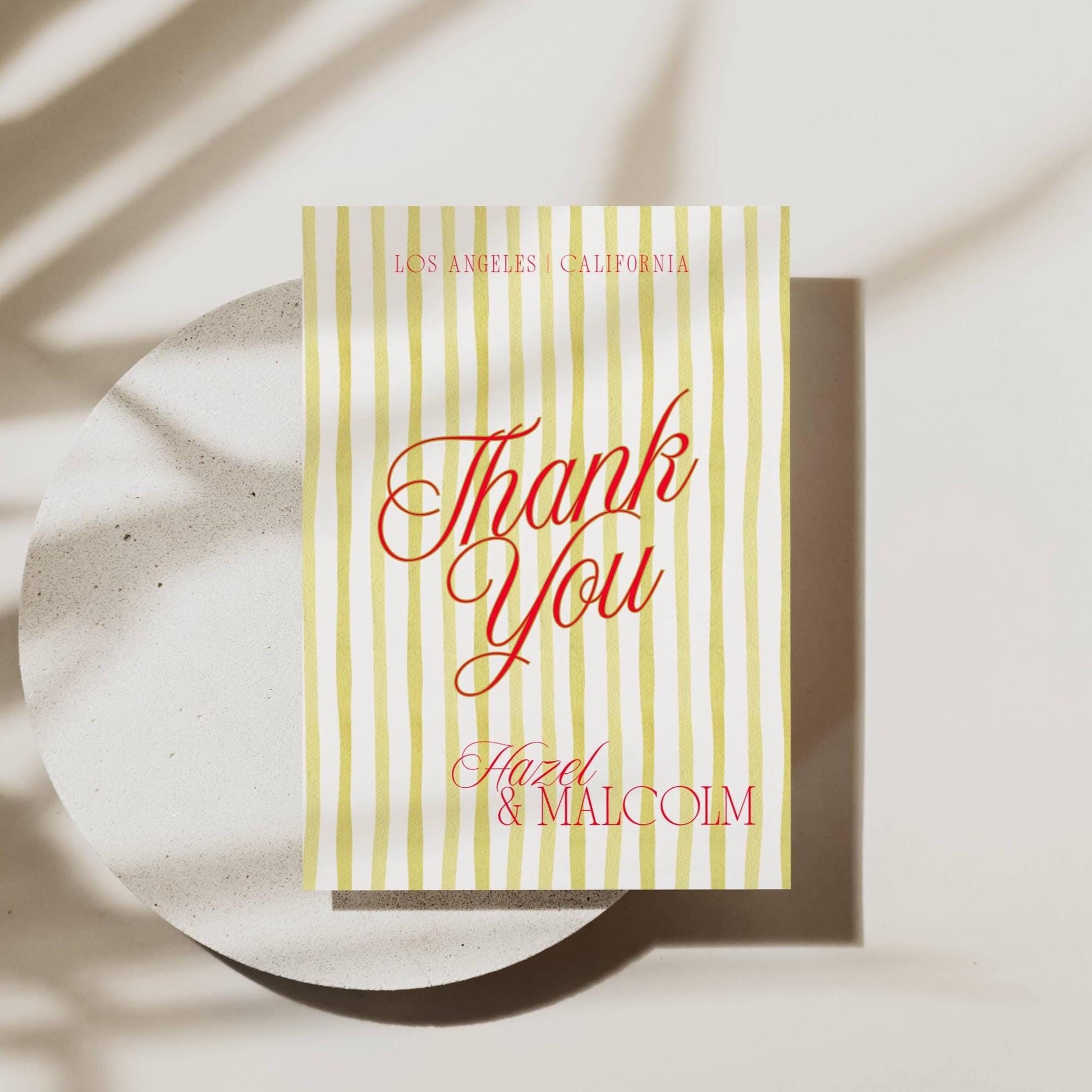 Thank you card with yellow vertical stripes and red script Thank You text