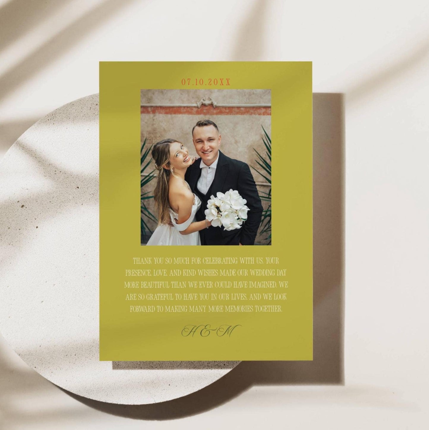 Wedding thank you card with mustard yellow border and couple photo